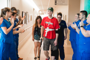 Matt Rorabaugh walking out of Mary Free Bed on July 30