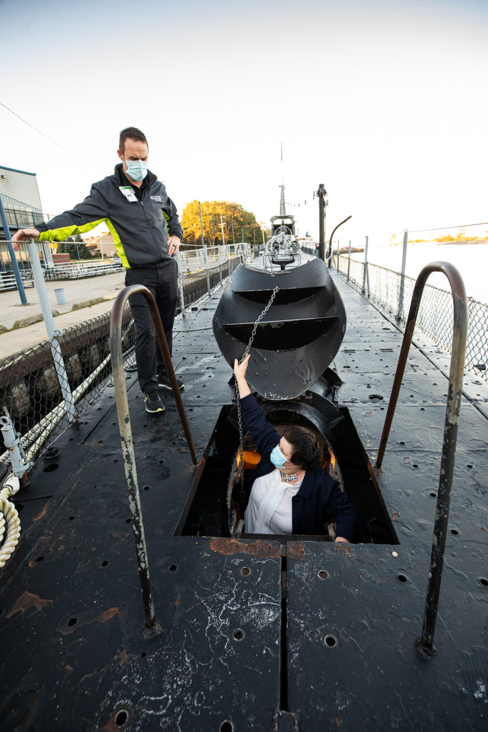 Peggy Maniates and therapist Mark Stevens on the USS Silversides submarine