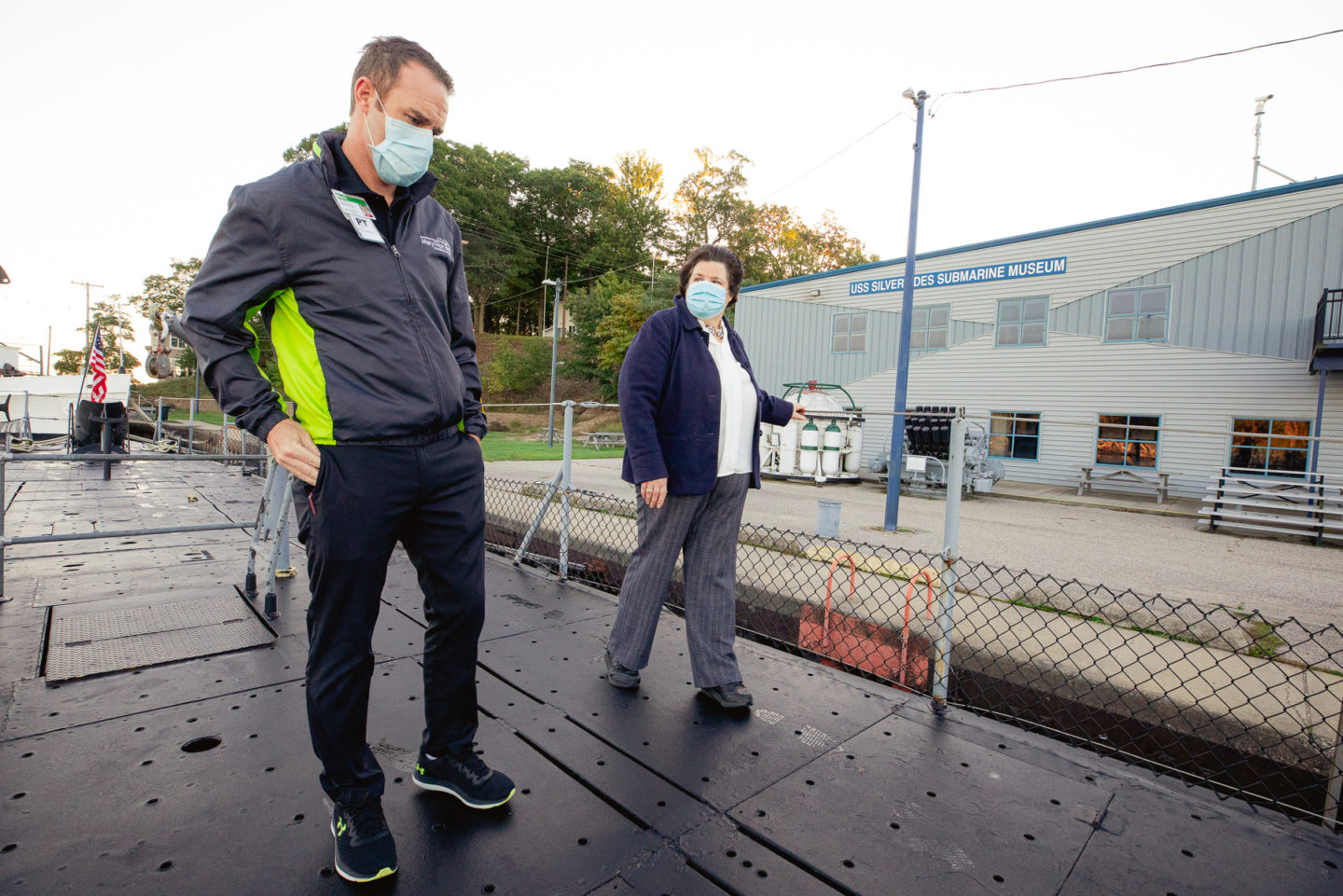 Peggy Maniates and therapist Mark Stevens at the USS Silversides submarine