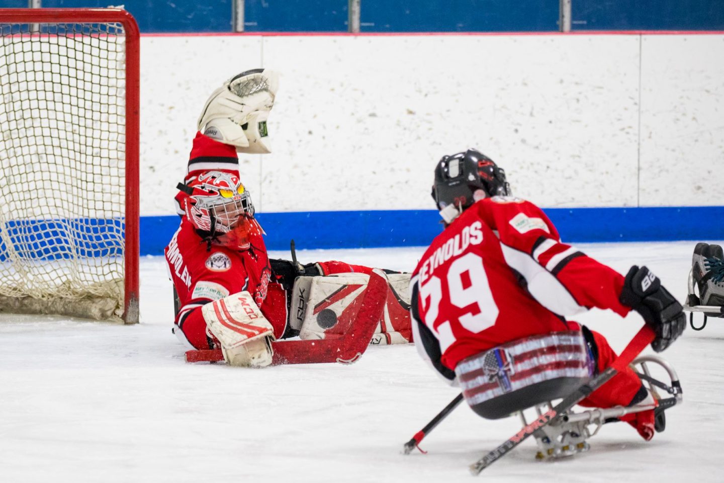 Two sled hockey players in red jerseys compete on the ice.