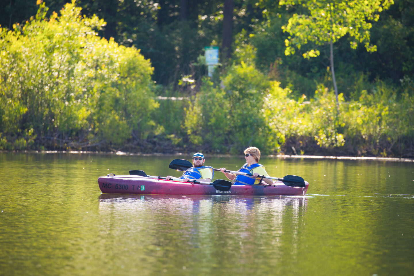 Two people enjoying a summer canoe ride in a lake.