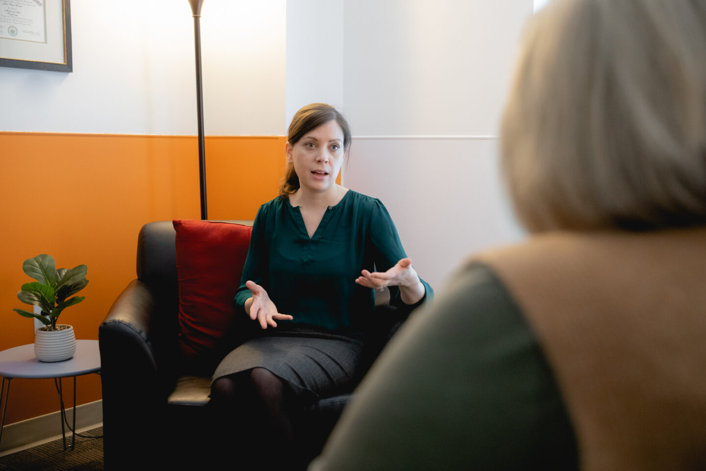 Psychologist discussing mindfulness techniques with a patient.