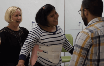 Formerly conjoined twin Josie Hull works hard for independence 6 Josie Hull Stands Tall at Mary Free Bed e1467129833919