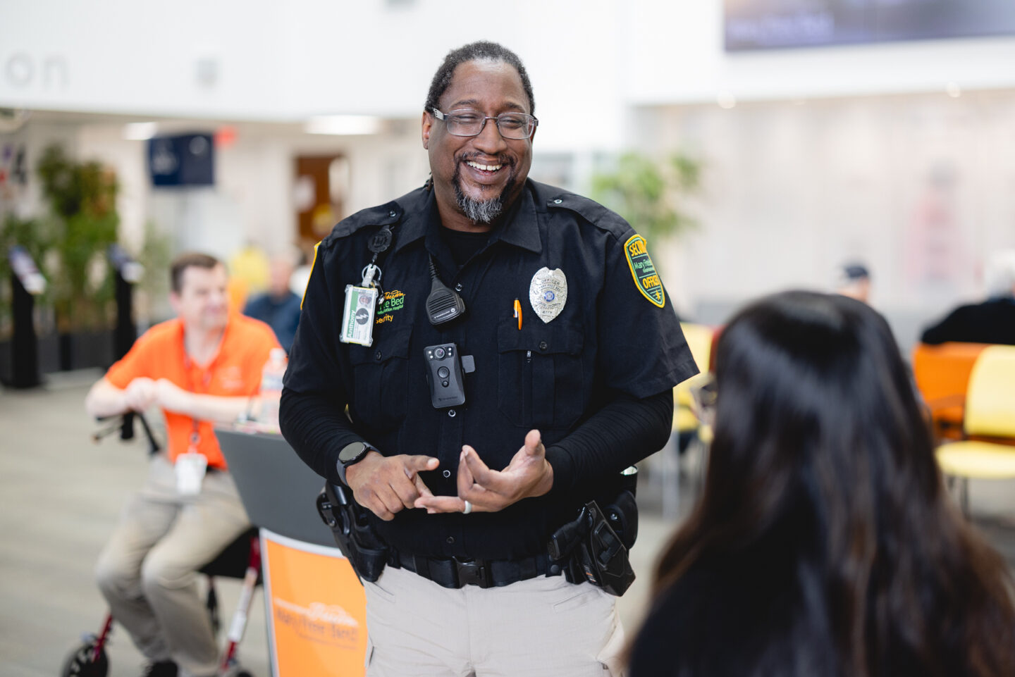 security guard interacting with guests
